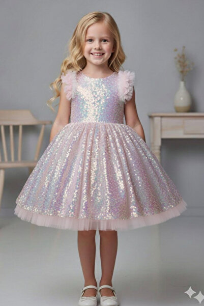 Quality Kids Fashion Kol Fırfır Pullu Elbise Doğum Günü Parti Gösteri Elbisesi