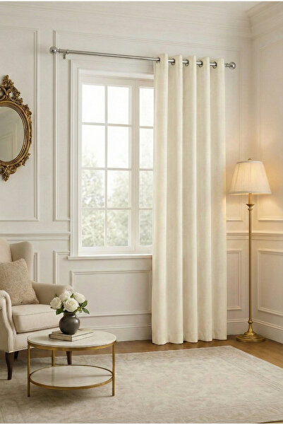 Bercem Home Velvet Textured Rustic Background Curtain - Ecru - (Single Panel)