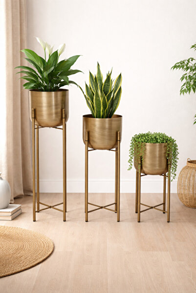 Valda METAL GOLD ESKİTME SAKSILIK ÇAP 20 CM BOY 75-60-45 CM