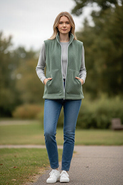 AHMERA Unisex Green Regular Fit Stand Collar Pocket Cotton Curl Pattern Vest