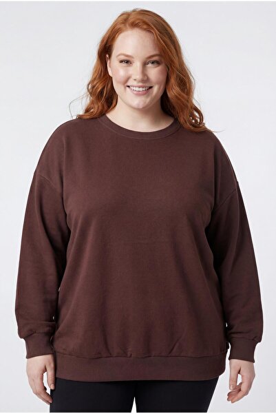 Ebsumu Kadın Büyük Beden Basıc Şardonlu Kahverengi Sweatshirt
