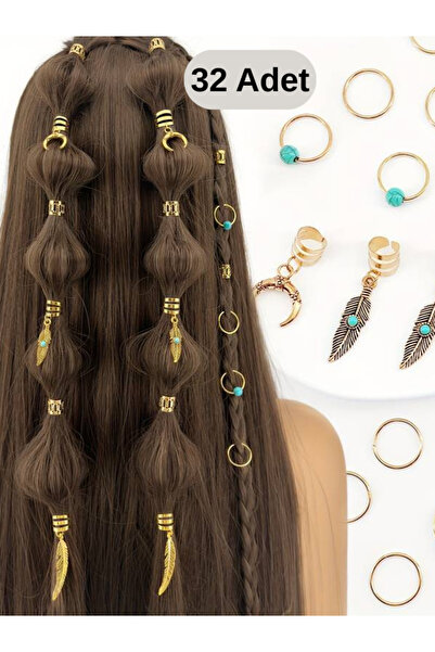Shehlaa 15+17. 32 قطعة من حلقات الشعر على الطراز البوهيمي، أقراط شعر، لون فضي...
