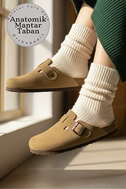 Land of Cork شبشب داخلي من سناب سابو للجنسين من الجلد السويدي البني التشريحي ...