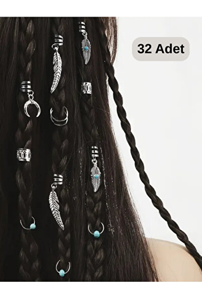 Shehlaa 32 قطعة من حلقات الشعر على الطراز البوهيمي، أقراط شعر، لون فضي، لون ذ...