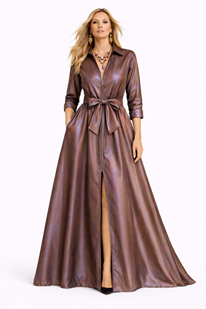 UNTIMELY فستان قميص طويل من الحرير التفتا مع تفاصيل عملية وسحاب أمامي