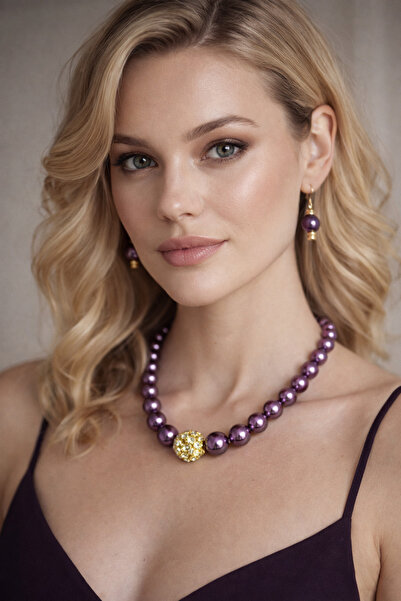Solare Accessories Mor İnci ve Gold Detaylı Taşlı Kolye & Küpe Seti