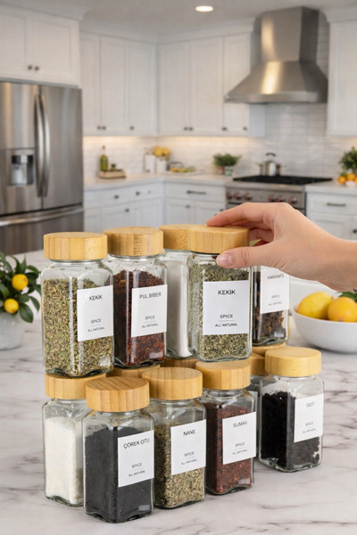 dnshome 12'li Bambu Kapaklı Cam Baharatlık Seti Etiketli Cam Kare Baharatlık