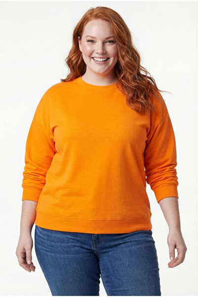Ebsumu Kadın Büyük Beden Basıc Şardonlu Turuncu Sweatshirt