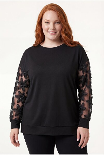 Verdavia Women's Plus Size Transparent Sleeve Black Sweatshirt