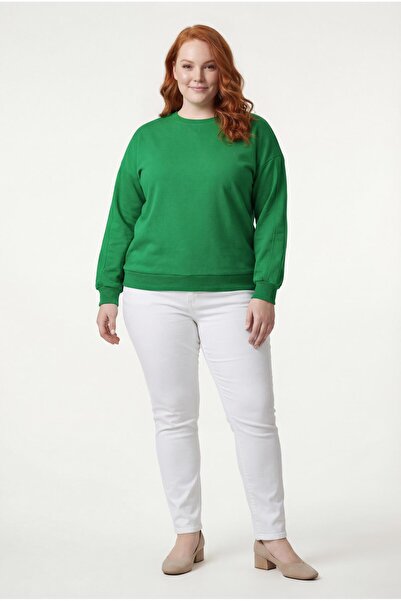 Ebsumu Kadın Büyük Beden Basıc Şardonlu Yeşil Sweatshirt