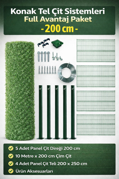 Konak Tel Çit Aksaray Avantaj Seti (200 CM) Yeşil Panel Tel Örgü Bahçe Çim Çi...