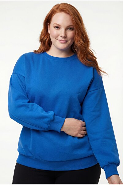 Ebsumu Kadın Büyük Beden Basıc Şardonlu Mavi Sweatshirt