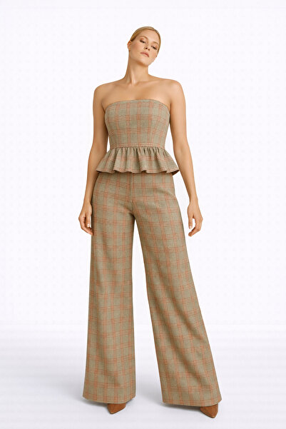 MERT ERKAN Ekoseli Mevsimlik Kumaştan Straplez Blouse & Geniş Paça Pantolon İ...