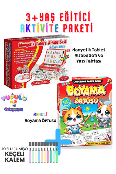 Diytoy Manyetik Tablet Alfabe Yazı Tahtası ve Boyama Örtüsü + Jumbo Keçeli Ka...