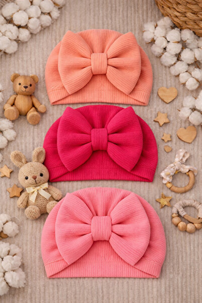 Pico Baby طقم قبعات أطفال بفيونكة مكون من 3 قطع - وردي / سلمون / فوشيا