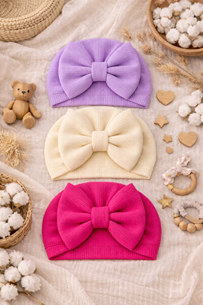 Pico Baby Fiyonklu Bebek Bone 3'lü Set- Krem/Mor / Fuşya