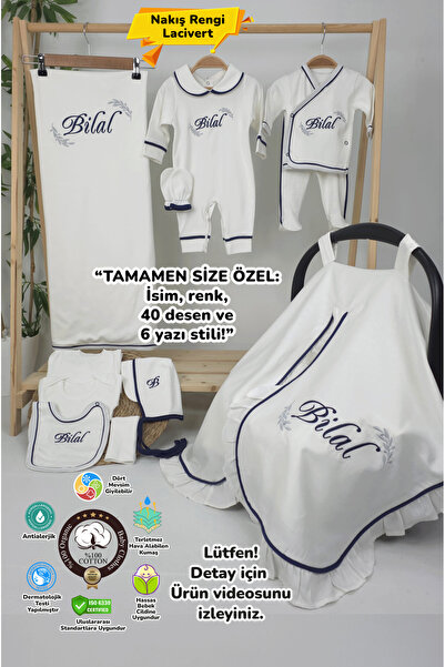 gros shop Lacivert Biyeli %100 Pamuk Hastane Çıkış Seti Başak Model-1 (KİŞİYE...
