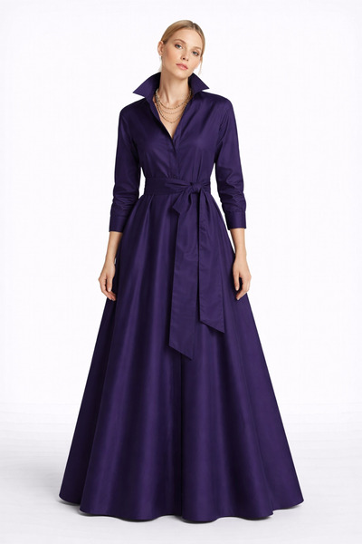 MERT ERKAN Taffeta Maxi Design Shirt Dress with Belted & Full Circle Skirt