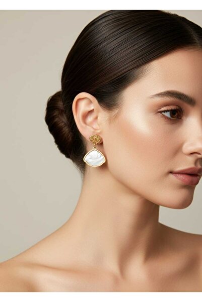 Çelik 316 L Çelik Gold Sedefli İstiridye Küpe