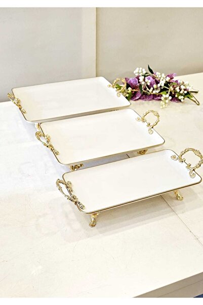 MaviDamla 3 PARÇA KULPLU AYAKLI PORSELEN SUNUMLUK YALDIZ DETAYLI GOLD