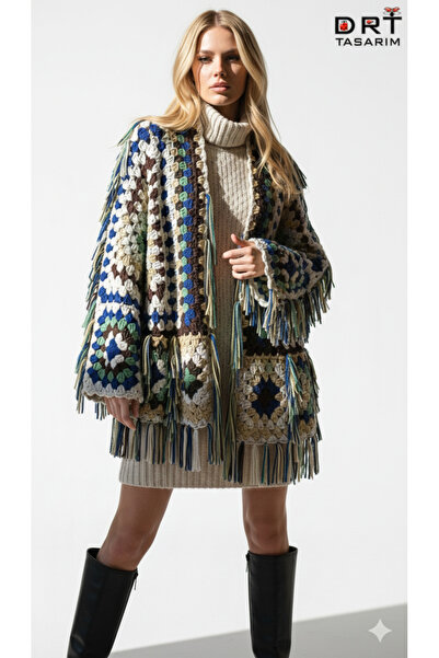 drt tasarım Beige Alpaca Wool Tasseled Winter Combination Cardigan Western