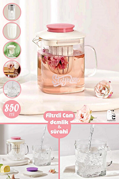 Madamev Isıya Dayanıklı Borosilikat Filtreli Bitki Çayı Süzgeçli Cam Demlik &...