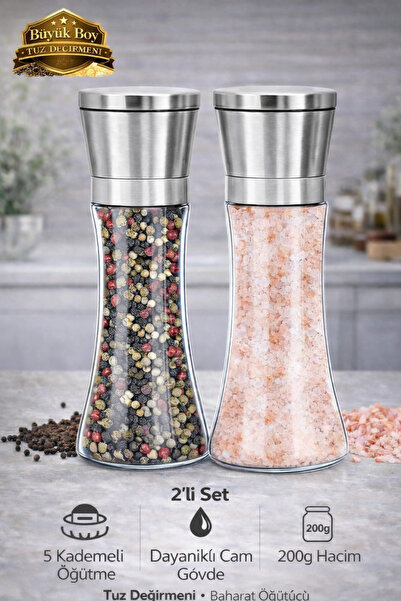 Tilbe Home 2'li Karabiber Tuz Değirmeni 5 Kademeli Baharat Öğütücü Büyük Boy ...