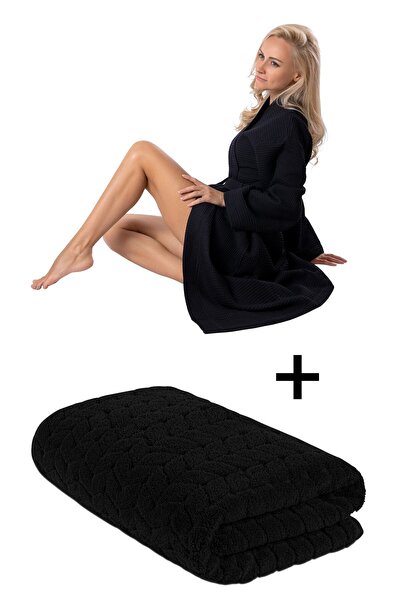 Bagno Milano طقم روب حمام من القطن العضوي باللون الأسود - طقم روب حمام نسائي ...