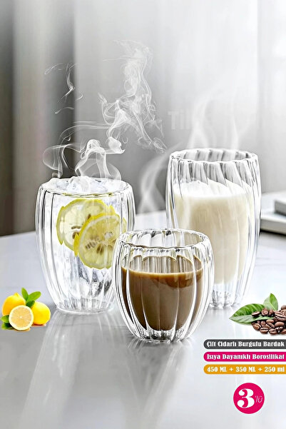 Tilbe Home 3'lü Çift Cidarlı Burgulu Kristal Cam Bardağı Çay Süt Kahve Kupası...