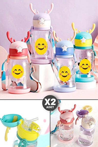 Madamev 2 Adet Su Matara Geyik Kulaklı Figürlü Omuz Askılı Pipetli Çocuk Sulu...