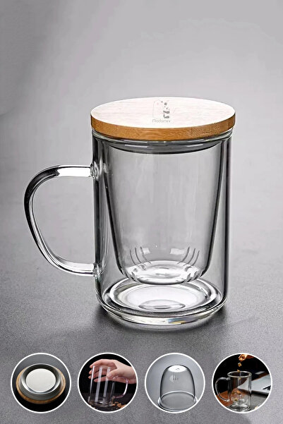 Madamev Borosilikat Cam Süzgeçli Bambu Kapaklı Kupa Kulplu Demlik Modeli Çift...