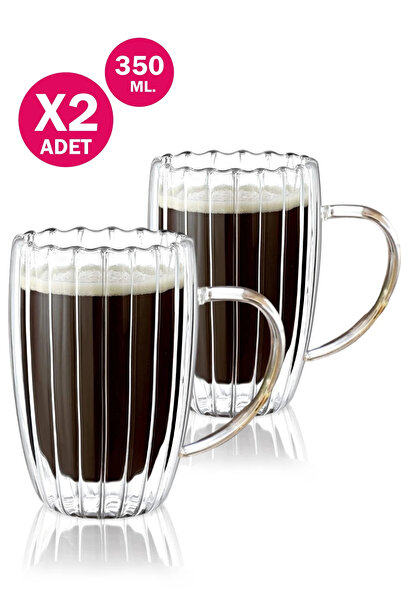 Madamev 2'li Çift Cidarlı 350 ml Kulplu Isıya Dayanıklı Cam Bardak Burgulu Ça...