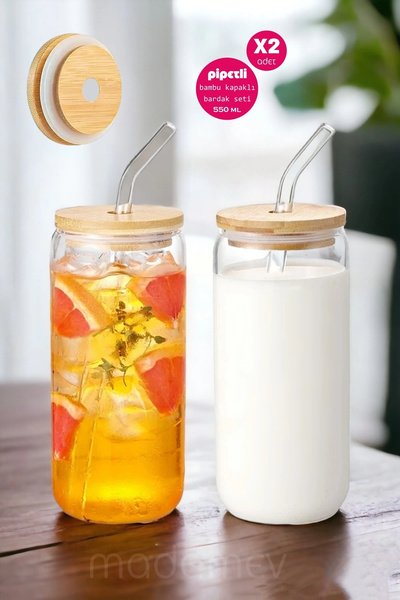 Tilbe Home 2-Pack Glass Cup with Bamboo Lid and Straw 500ml Heat Resistant Co...