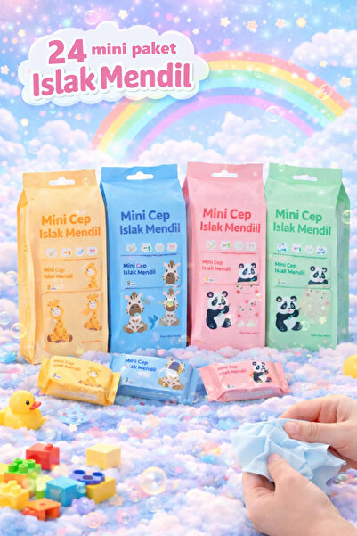 Tilbe Home 24 Adet Sevimli Figürlü Mini Islak Cep Mendili Panda Zebra Fil Zür...