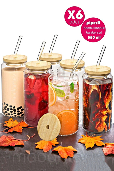 Madamev مجموعة من 6 أكواب زجاجية بغطاء من الخيزران مع شفاطات مقاومة للحرارة م...