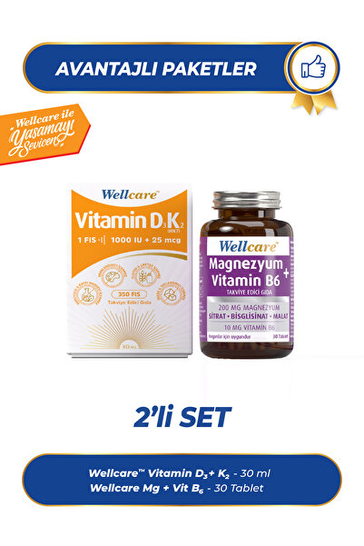Wellcare 2'li Set - D3 + Vitamin K2 - 30 ML & Magnezyum + Vitamin B6 - 30 Tablet