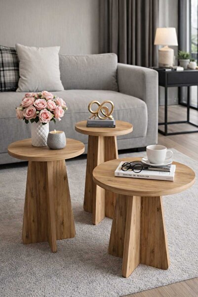 Zümra Ahşap Geniş Iskandinav Mantar Sehpa 3 Lü Yan Sehpa Takımı