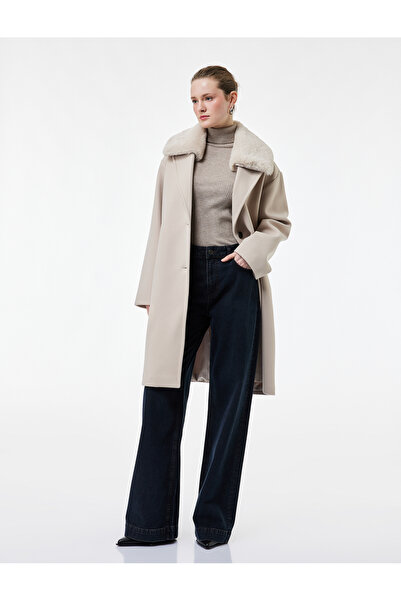 Koton Detachable Faux Fur Collar Coat Oversized Cashmere Long Sleeve with Poc...