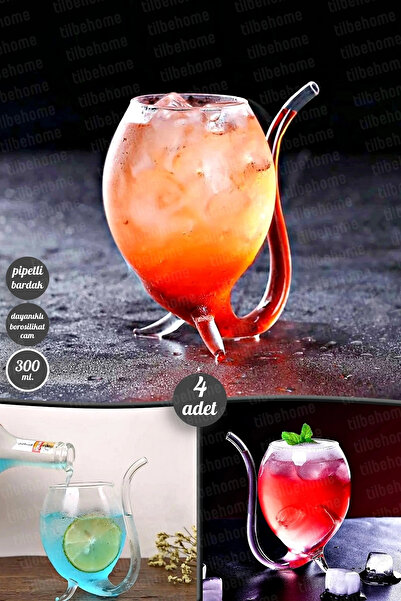 Tilbe Home 4'lü Retro Pipetli Stil Bardak Flüt Dekor Soğuk Sıcak Meşrubat Kok...