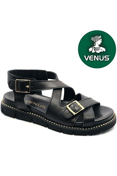 Venüs صندل نسائي من الجلد الطبيعي من إنجو مريح لتقويم العظام باللون الأسود
