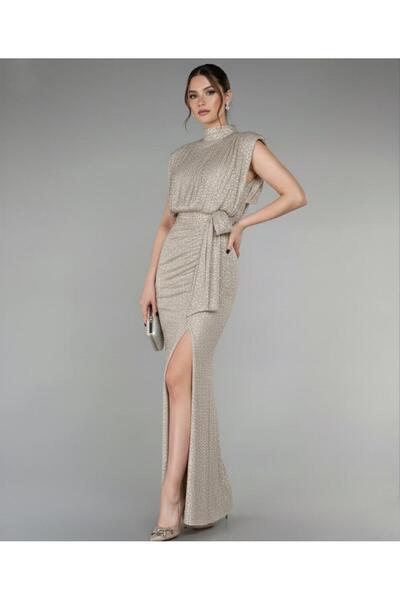 Lensia Rochie de seară cu paiete cu paiete și detaliu de guler vertical