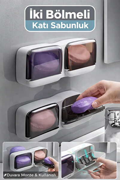 Tilbe Home 2 Bölmeli Su Tutmaz Sabunluk Yapışkanlı Duvara Monte Şeffaf Kapakl...
