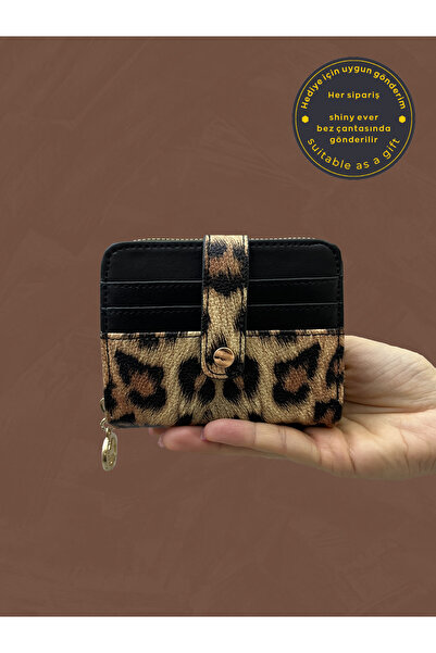 shiny ever Küçükboy Leopar Desen Siyah Kahverengi Kadın Deri Cüzdan