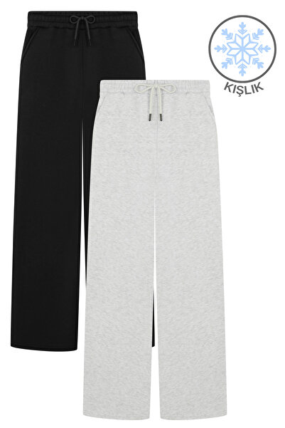 veres Women's Black and Gray Two-Piece High-Waisted Winter Fleece-Lined Wide-...