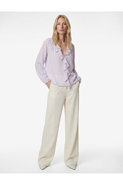 Koton Volanlı Fırfırlı V Yaka Uzun Kollu Pamuklu Gömlek