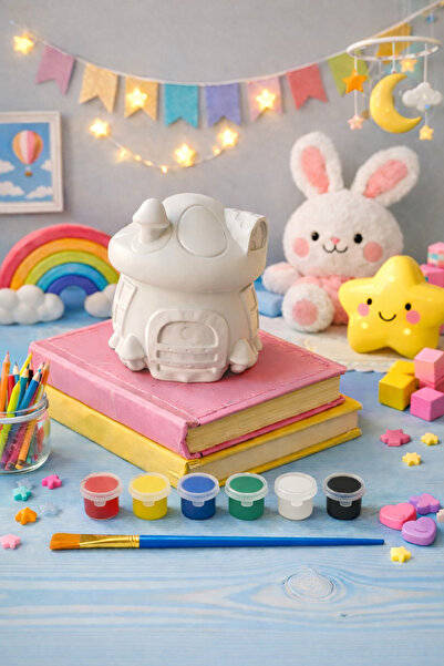 Atölye yüksel Mantar Ev Boyama Seti = 1 XL Taş + 6 Renk Boya + 1 Fırça