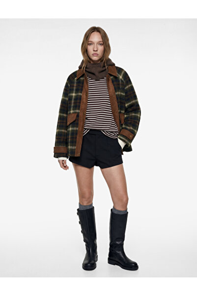Koton Classic Plaid Oversized Coat with Lapel Snap Buttons and Pocket Detail