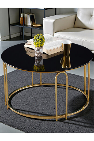SEDAŞ LIVING UNITS Lenka Orta Sehpa Yuvarlak Siyah Temperli Cam Gold Metal - ...