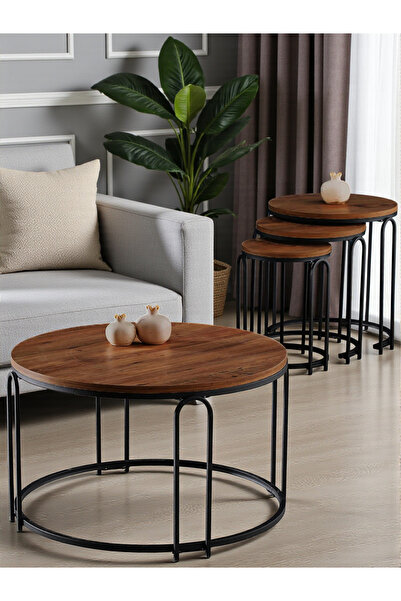 SEDAŞ LIVING UNITS Lenka Koyu Ceviz Ahşap Zigon Orta Sehpa Takımı Yuvarlak Si...