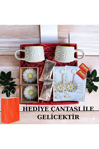 MARMORİ PAPATYA İKİLİ SERAMİK KUPALI EPOKSİ ANAHTARLIK KAHVE PAPATYA MUM HEDİ...